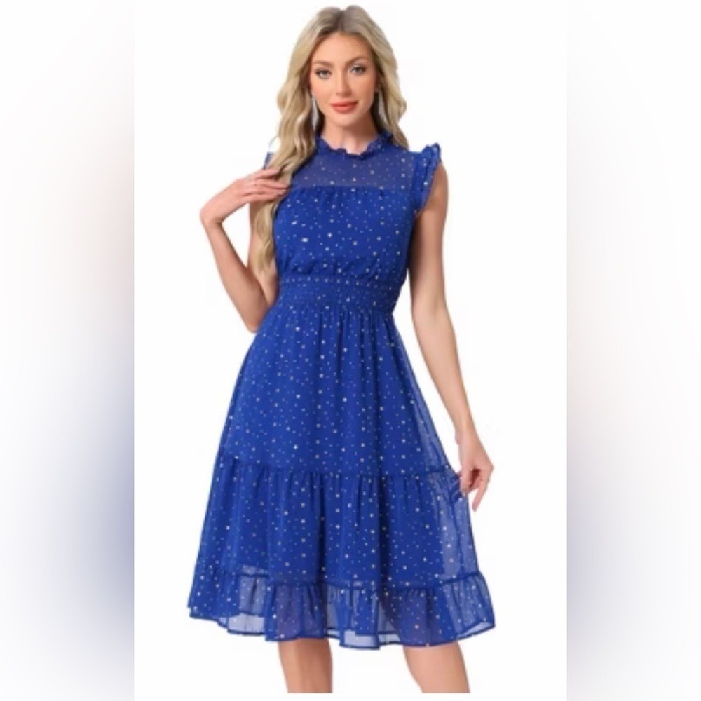 NWT Allegra K Blue Metallic Star Chiffon Party Dress Smocked Waist Size Small